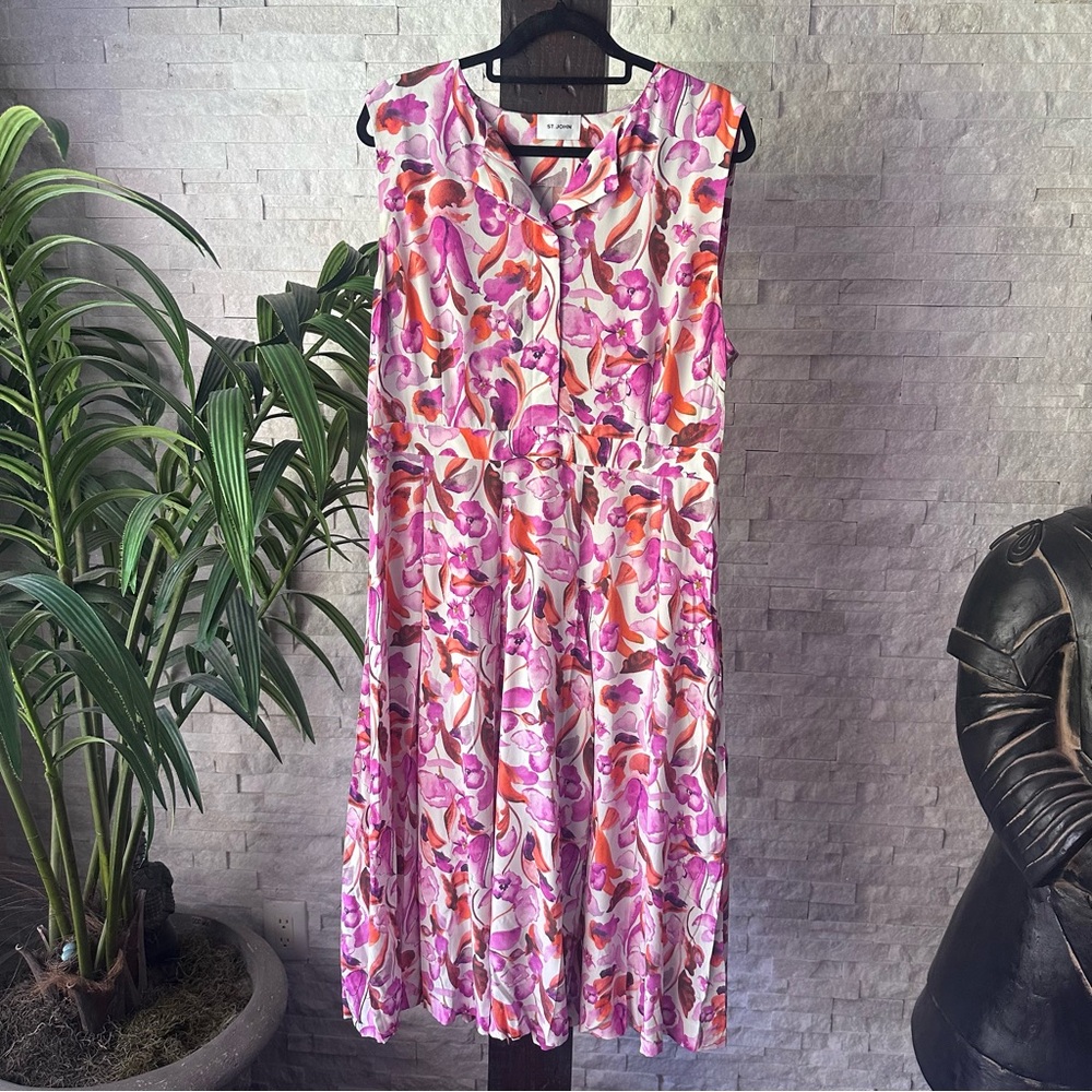 ST. JOHN Pleated Watercolor Purple Coral Floral Print MIDI Silk Dress Size 14